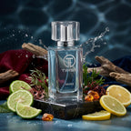 TIMSS U 545 MEGAMORA apă de parfum prezentat alături de picături de apă marină, alge și ambră.