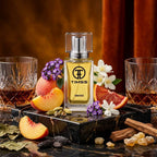 TIMSS U 546 THE PITER PEACH apă de parfum prezentat alături de piersici zemoase, portocale roșii și păstăi de vanilie.