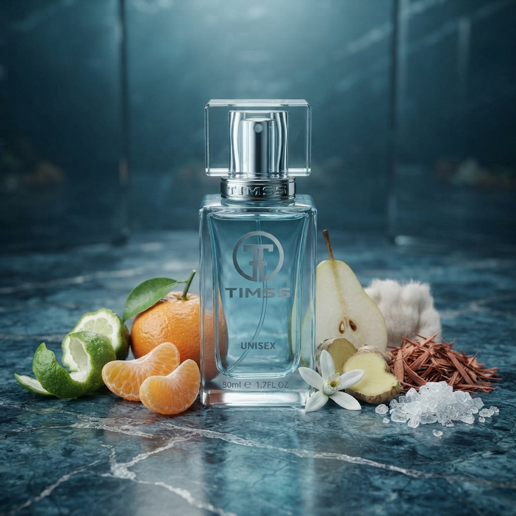 TIMSS U 547 BLUE TELISMEN apă de parfum prezentat alături de bergamote, felii de pară și flori de portocal.