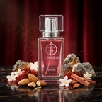 TIMSS U 548 ROUGE EXTRAIT apă de parfum prezentat alături de fire de șofran, migdale și ambră.