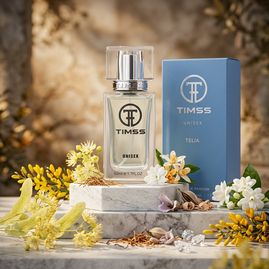 TIMSS U 549 TELIA apă de parfum prezentat alături de flori de tei, iasomie și acorduri lemnoase.
