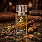 TIMSS U 550 ITOXICATED apă de parfum prezentat alături de boabe de cafea, păstăi de cardamom și batoane de scorțișoară.