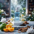 TIMSS U 553 IMAGNATIONS apă de parfum prezentat alături de bergamotă, rădăcină de ghimbir și frunze uscate de ceai negru.