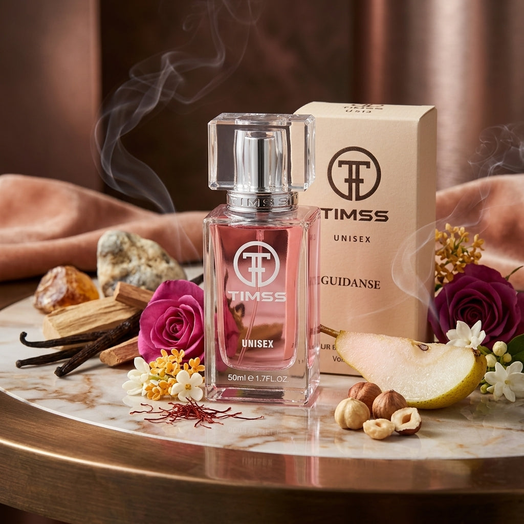 TIMSS U 554 GUIDANSE apă de parfum prezentat alături de felii de pară, alune de pădure, petale de trandafir și lemn de santal.