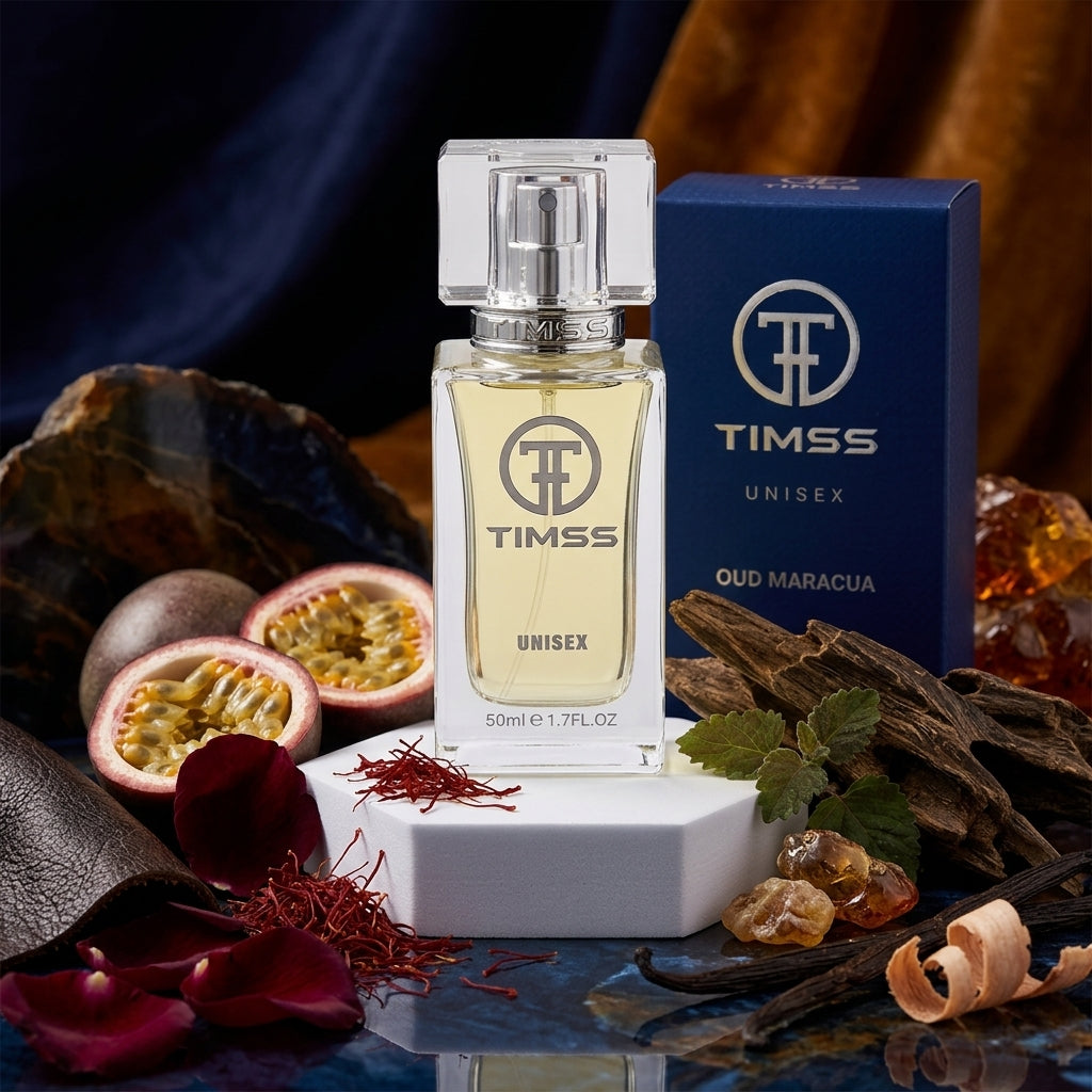 TIMSS U 555 OUD MARACUA apă de parfum prezentat alături de fructul pasiunii, lemn de agar și șofran.
