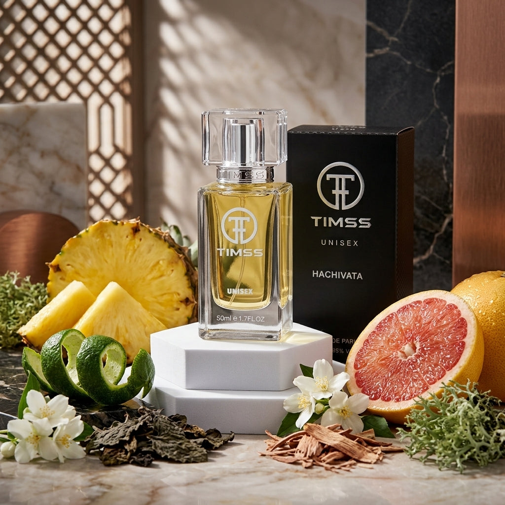 TIMSS U 556 HACHIVATA apă de parfum prezentat alături de bucăți de ananas, bergamotă și mușchi de stejar.