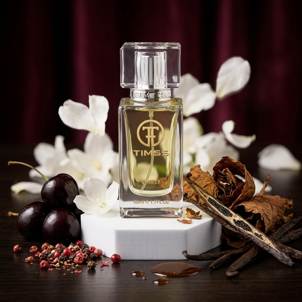 TIMSS U 557 NARKOTICE DELIHT apă de parfum prezentat alături de cireșe zemoase, frunze de tutun și pahar cu cognac.