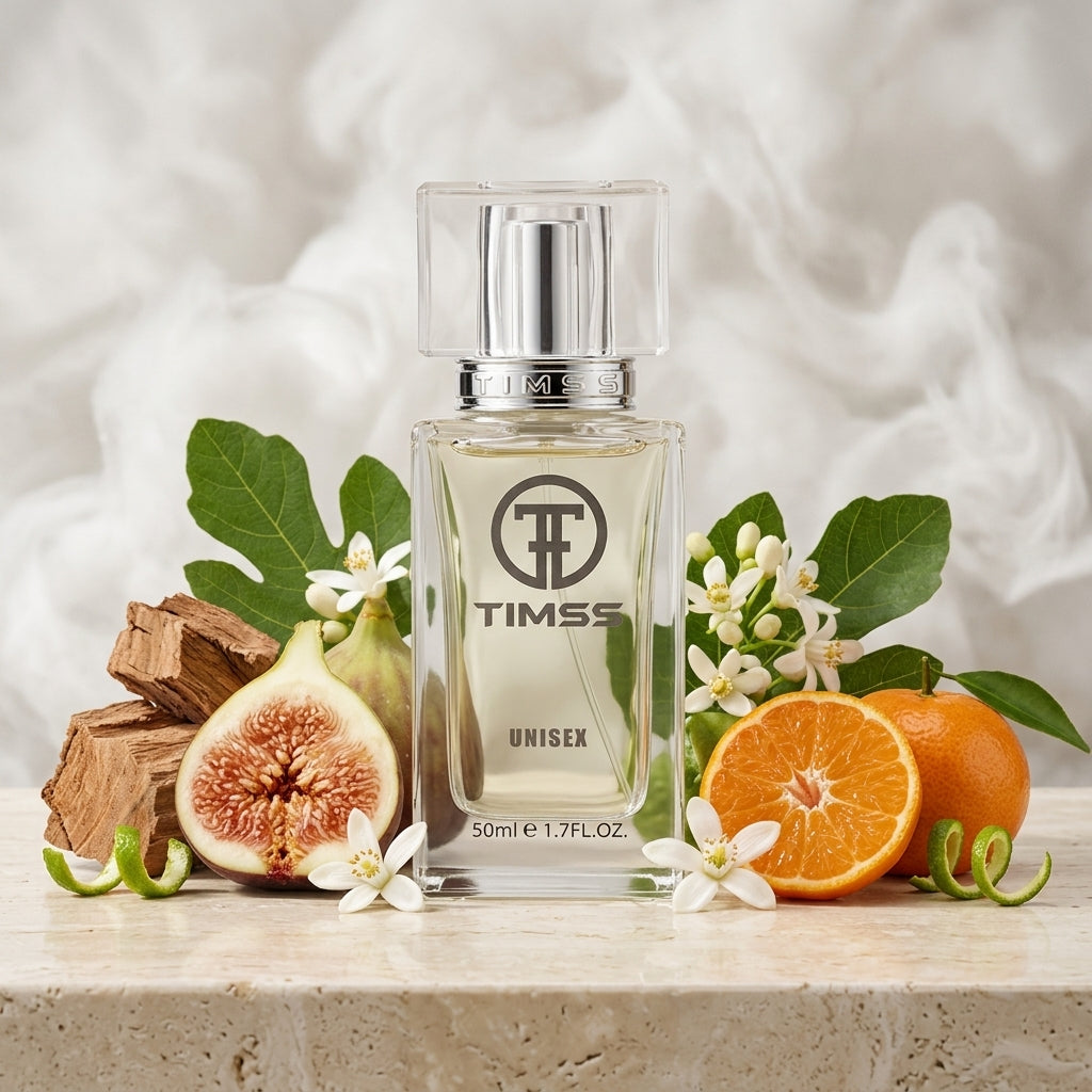 TIMSS U 559 PHIGO BLANG apă de parfum prezentat alături de smochine albe, mandarine zemoase și frunze verzi.