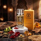 TIMSS U 560 OUD SULTAN apă de parfum prezentat alături de bucăți de chihlimbar, lemn de agar și fire de șofran.