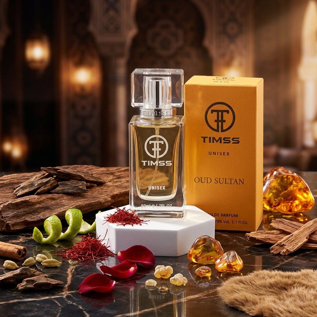 TIMSS U 560 OUD SULTAN apă de parfum prezentat alături de bucăți de chihlimbar, lemn de agar și fire de șofran.