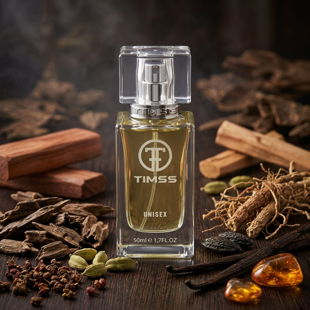 TIMSS U 561 OUD VIYAGER apă de parfum prezentat alături de bucăți de lemn de agar, păstăi de cardamom și lemn de santal.