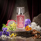 TIMSS U 562 CORRO apă de parfum prezentat alături de fructe zemoase, flori de iris și mosc alb catifelat.