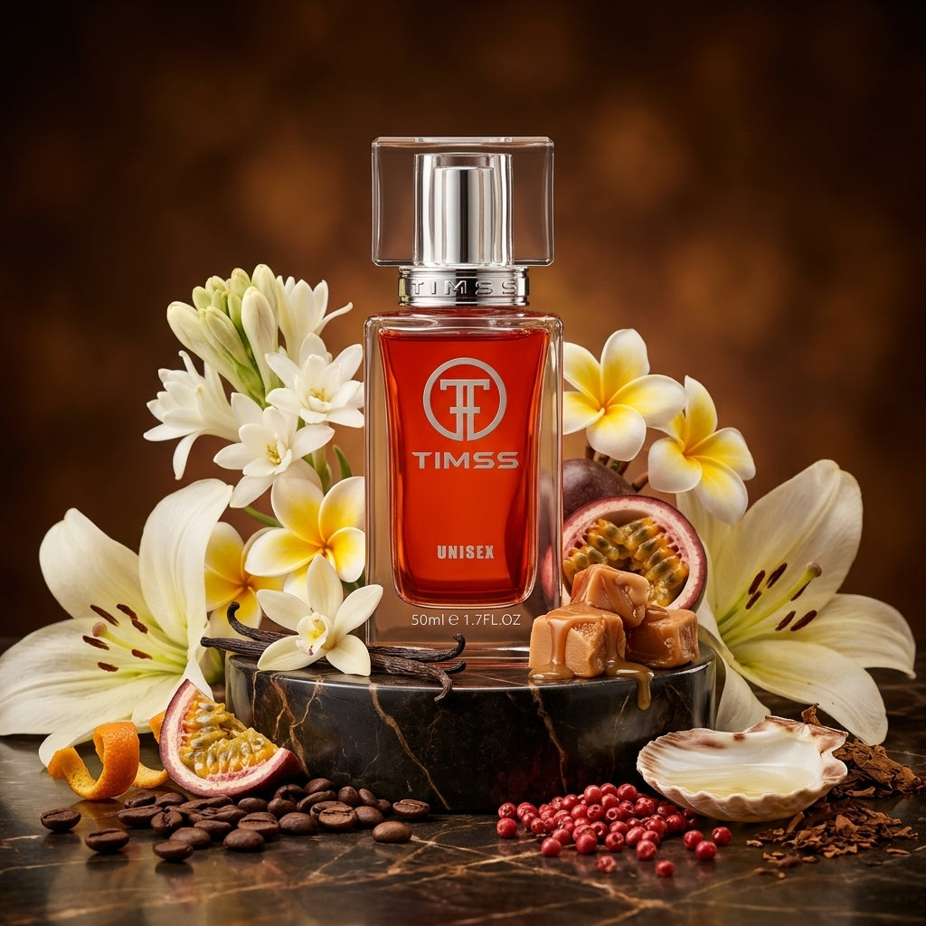 TIMSS U 564 KOKAINE apă de parfum prezentat alături de flori de tuberoză, boabe de cafea, vanilie și caramel.