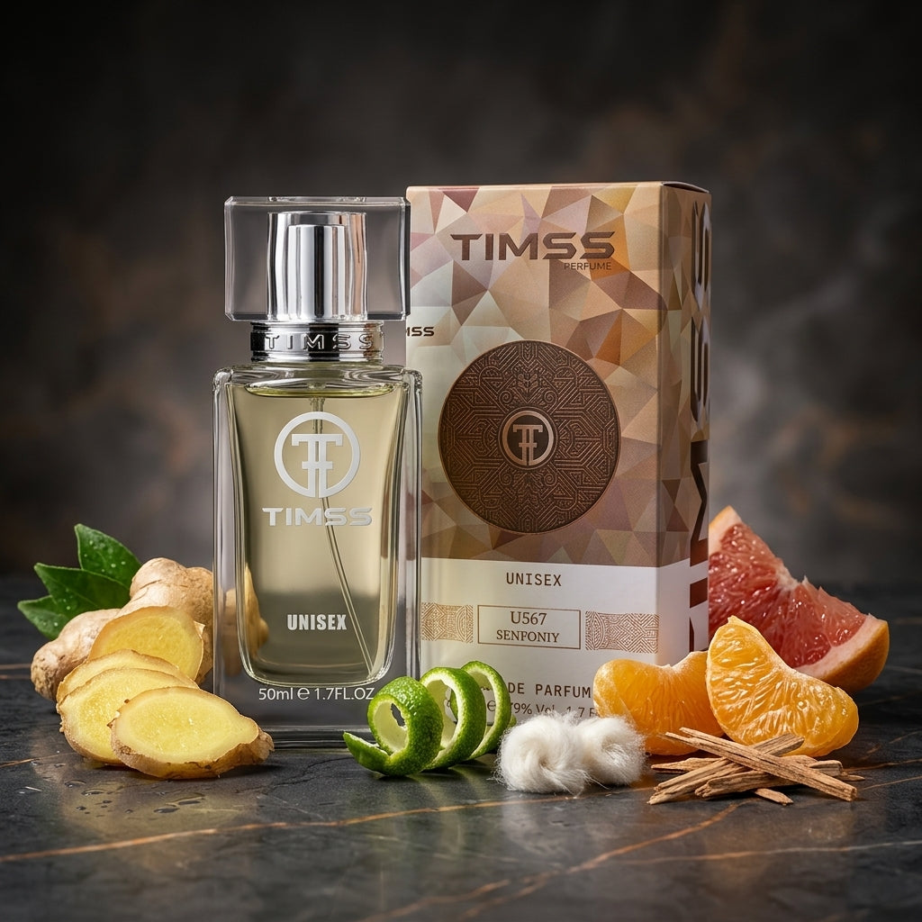 TIMSS U 567 SENFONIY apă de parfum prezentat alături de rădăcină de ghimbir, bergamotă și mosc alb.