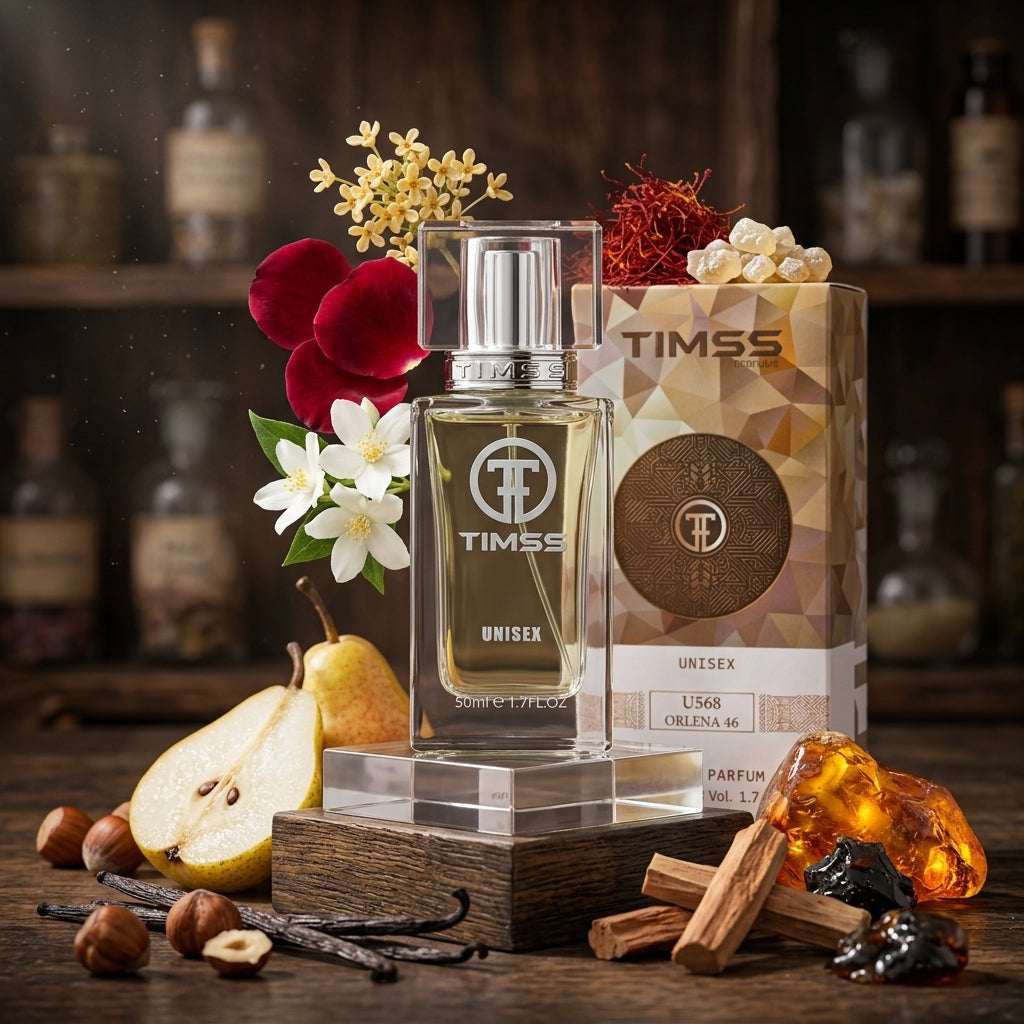 TIMSS U 568 ORLENA 46 apă de parfum prezentat alături de alune de pădure, flori de osmanthus și lemn de santal.