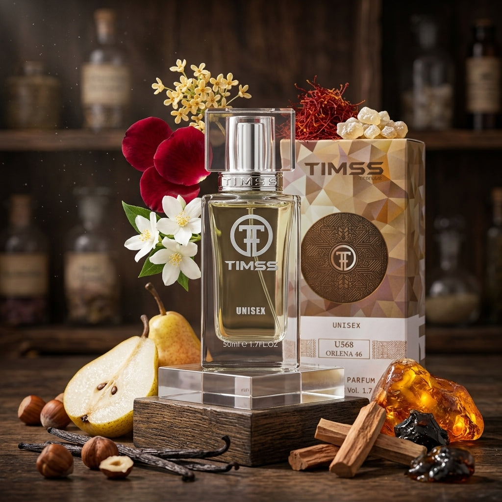 TIMSS U 568 ORLENA 46 apă de parfum prezentat alături de alune de pădure, flori de osmanthus și lemn de santal.