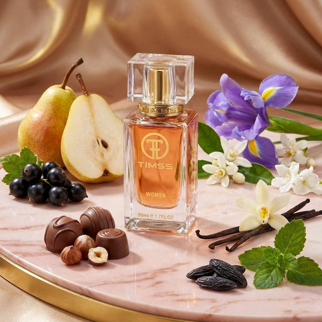 TIMSS W 301 BELLE apă de parfum prezentat alături de flori de iris, praline crocante și păstăi de vanilie.