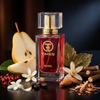 TIMSS W 303 OPIUM BLACK apă de parfum prezentat alături de boabe de cafea neagră, păstăi de vanilie și flori albe.