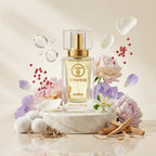 TIMSS W 304 BLANCHE apă de parfum prezentat alături de flori de bujor, petale de trandafir alb și mosc alb.