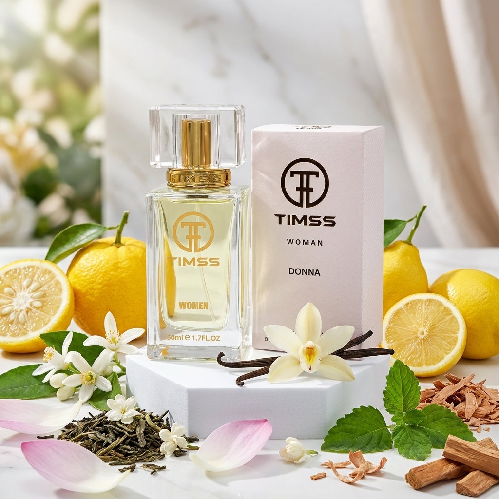 TIMSS W 306 DONNA apă de parfum prezentat alături de fructe de yuzu, lămâie, flori de iasomie și păstăi de vanilie.