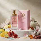 TIMSS W 307 CRYSTAL apă de parfum prezentat alături de fructe de yuzu, bucăți de rodie și flori de bujor.