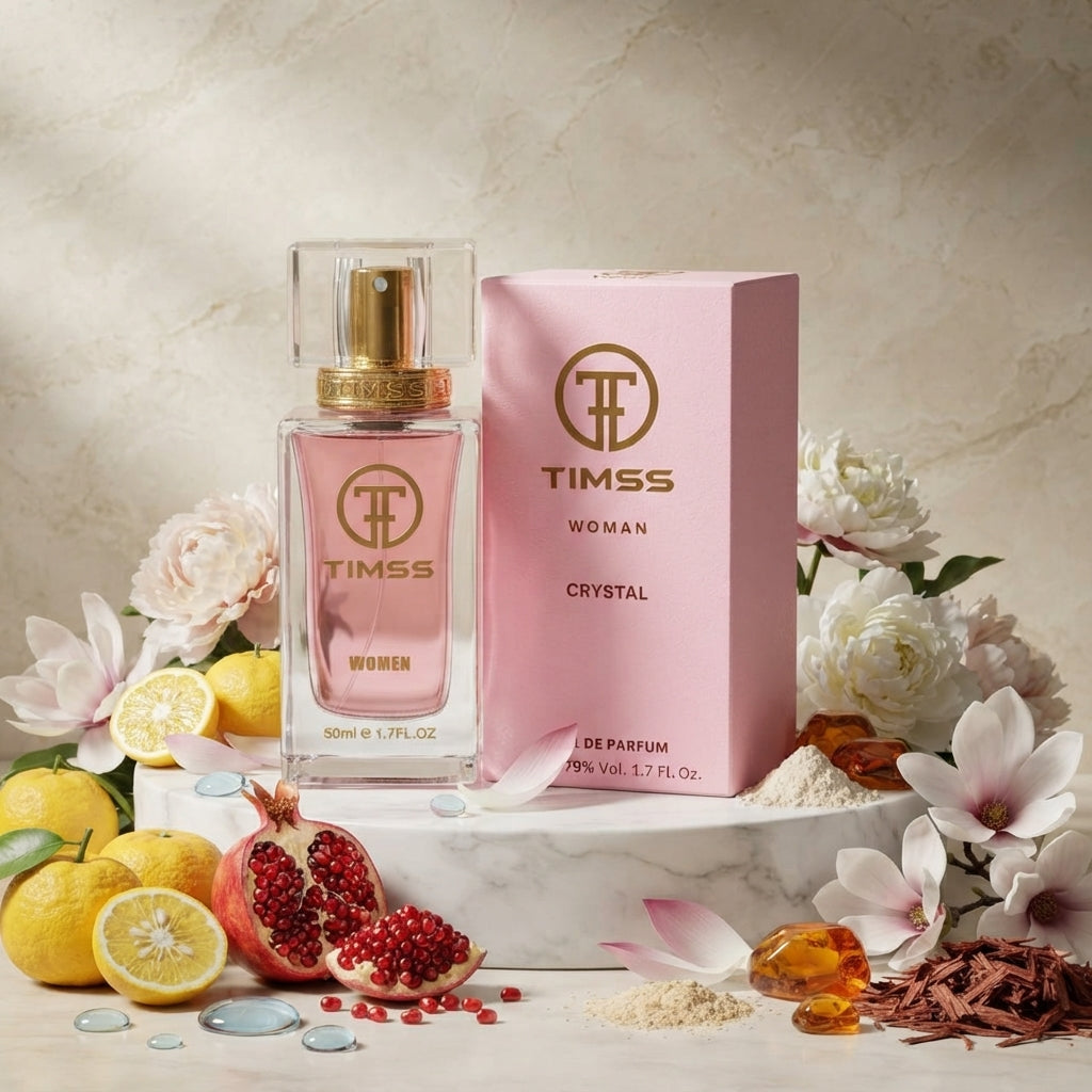 TIMSS W 307 CRYSTAL apă de parfum prezentat alături de fructe de yuzu, bucăți de rodie și flori de bujor.