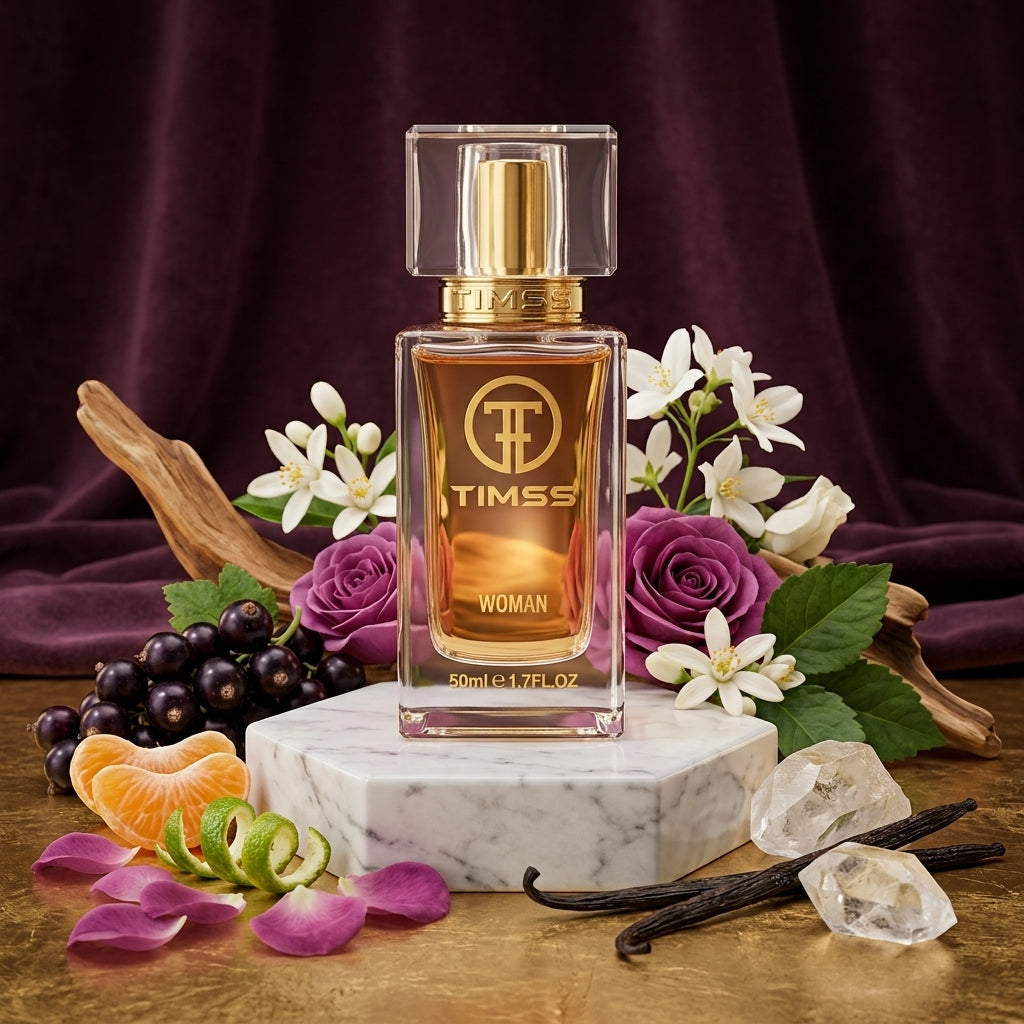 TIMSS W 312 SI apă de parfum prezentat alături de coacăze negre, petale de trandafir și păstăi de vanilie.