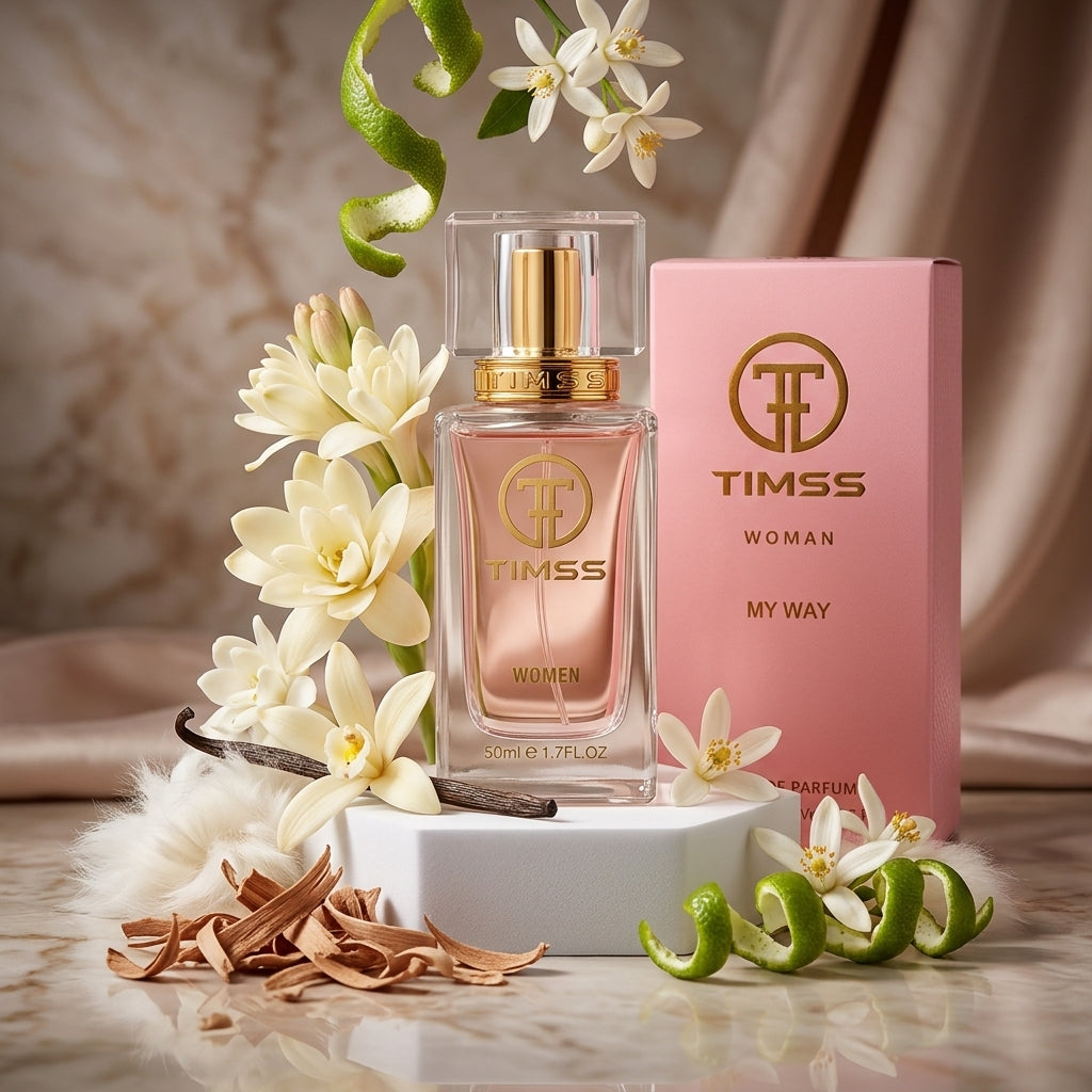TIMSS W 313 MY WAY apă de parfum prezentat alături de flori de tuberoză, iasomie și păstăi de vanilie.