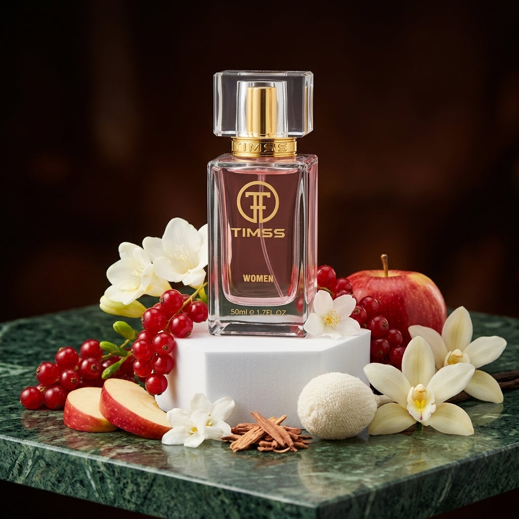 TIMSS W 318 MODERN apă de parfum prezentat alături de felii de măr roșu, coacăze roșii și flori de frezie albă.