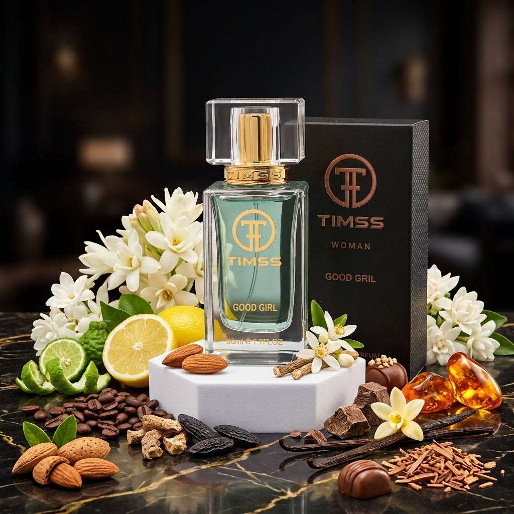 TIMSS W 320 GOOD GIRL apă de parfum prezentat alături de boabe de cafea, flori de tuberoză și pudră de cacao.
