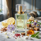 TIMSS W 325 EAU FRAICHE apă de parfum prezentat alături de felii de lămâie, flori de zambilică și petale de iasomie.