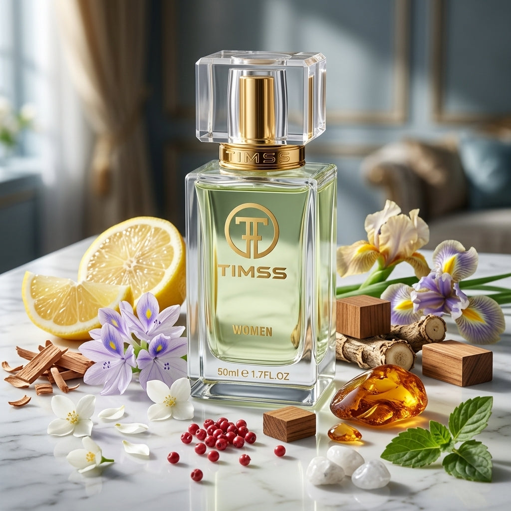 TIMSS W 325 EAU FRAICHE apă de parfum prezentat alături de felii de lămâie, flori de zambilică și petale de iasomie.