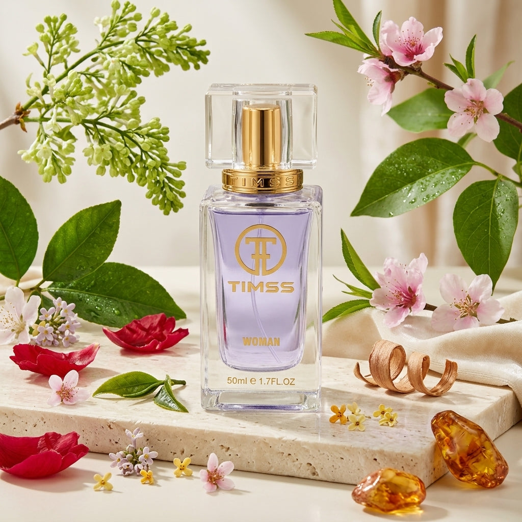 TIMSS W 327 ECLAT apă de parfum prezentat alături de flori de liliac verde, flori de piersic și frunze de ceai verde.