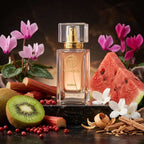 TIMSS W 328 IMPERATRICE apă de parfum prezentat alături de felii de pepene verde, kiwi și flori de ciclama.