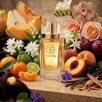 TIMSS W 329 J ADORE apă de parfum prezentat alături de perei zemoase, flori de iasomie și păstăi de vanilie.