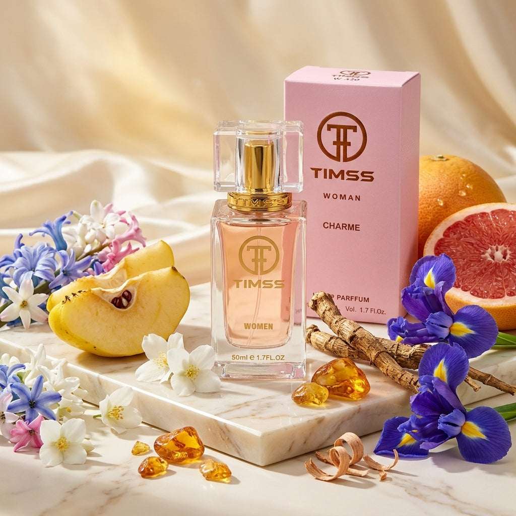TIMSS W 330 CHARME apă de parfum prezentat alături de felii de gutuie, grepfrut și petale de iasomie.