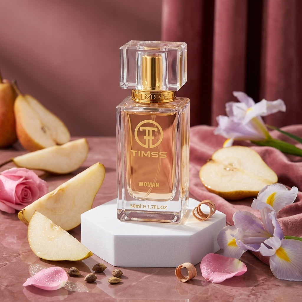 TIMSS W 331 IRESISTIBLE apă de parfum prezentat alături de perei zemoase, petale de trandafir și flori de iris.