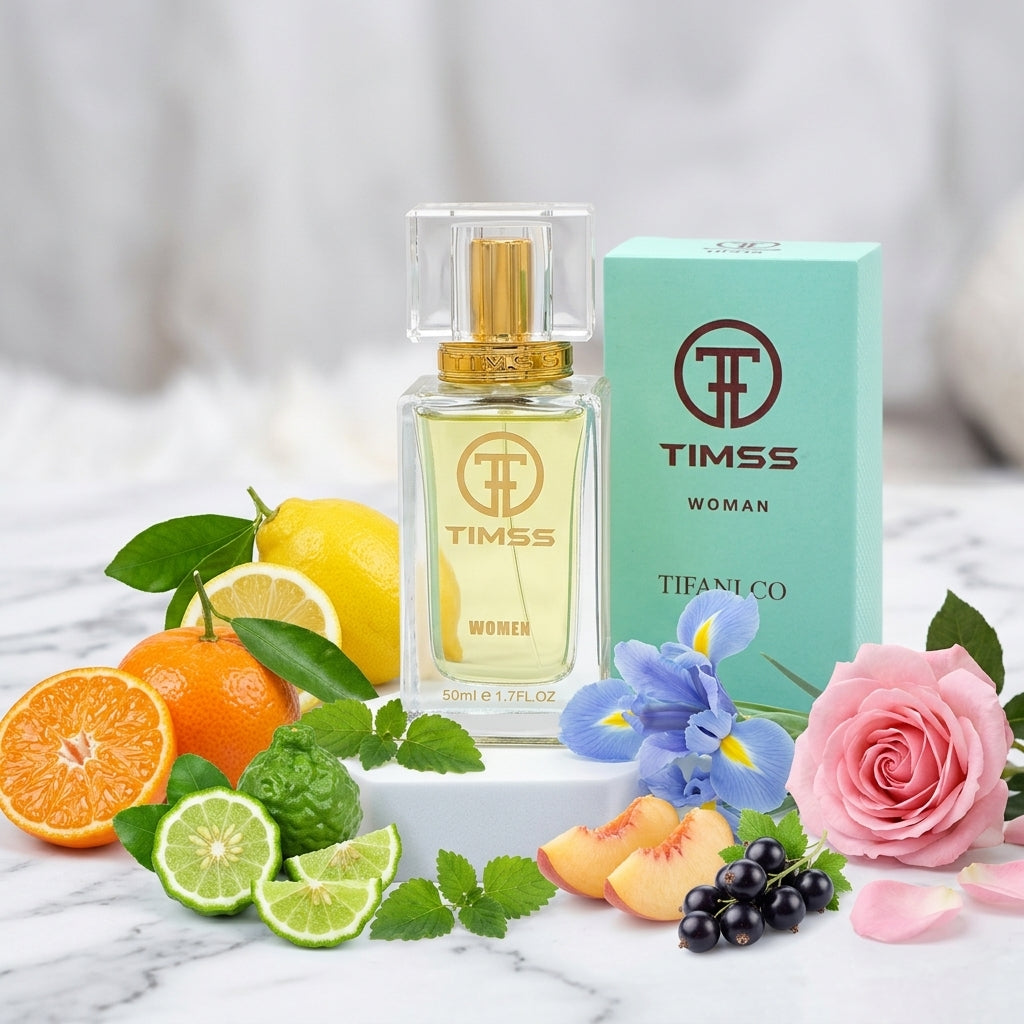 TIMSS W 332 TIFANI CO apă de parfum prezentat alături de flori de iris pudrat, mandarine zemoase și mosc.