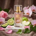 TIMSS W 341 XO VICTORIA apă de parfum prezentat alături de mere verzi crocante, petale de trandafir și iederă.