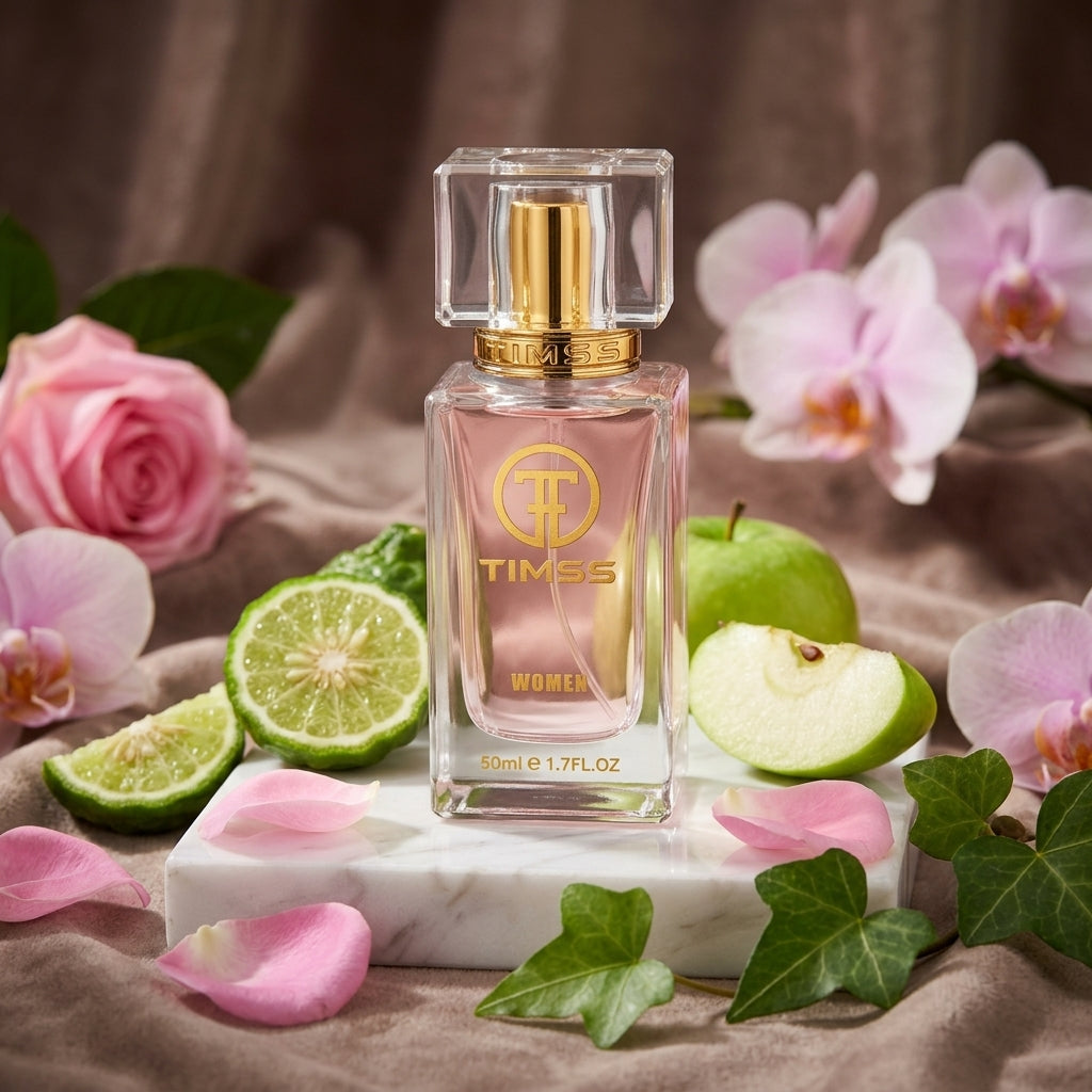 TIMSS W 341 XO VICTORIA apă de parfum prezentat alături de mere verzi crocante, petale de trandafir și iederă.