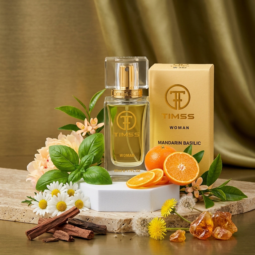 TIMSS W 342 MANDARIN BASILIC apă de parfum prezentat alături de mandarine zemoase și frunze proaspete de busuioc.