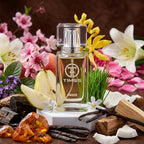TIMSS W 343 ANDROMEDA apă de parfum prezentat alături de flori de ylang-ylang, felii de pară și nucă de cocos.