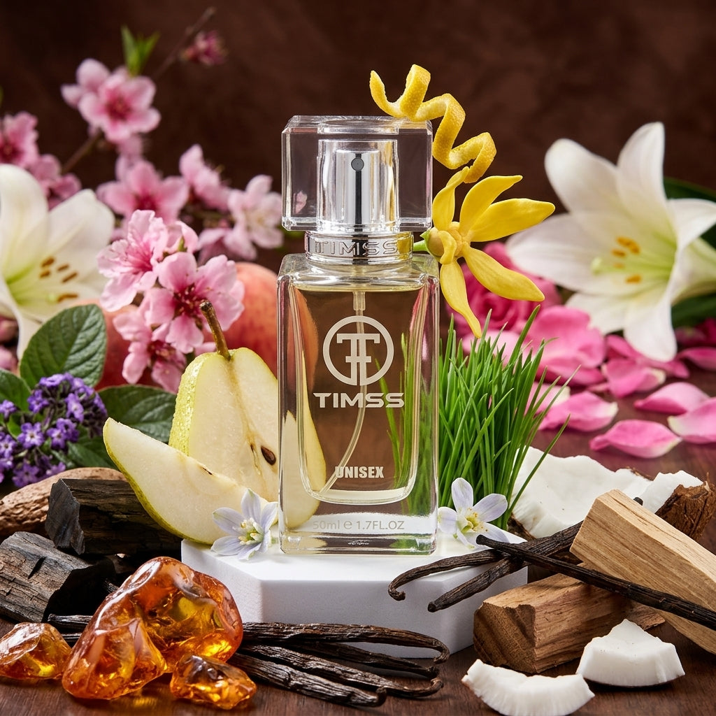 TIMSS W 343 ANDROMEDA apă de parfum prezentat alături de flori de ylang-ylang, felii de pară și nucă de cocos.