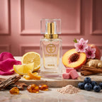 TIMSS W 344 BUBBLE GUM apă de parfum prezentat alături de citrice candisate, gumă de mestecat și petale de trandafir.