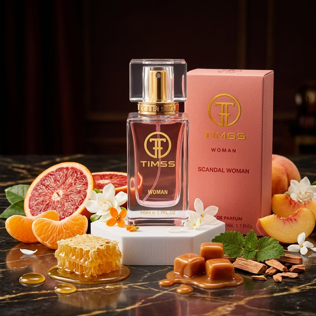 TIMSS W 345 SCANDAL apă de parfum prezentat alături de miere aurie, flori de gardenie și caramel.