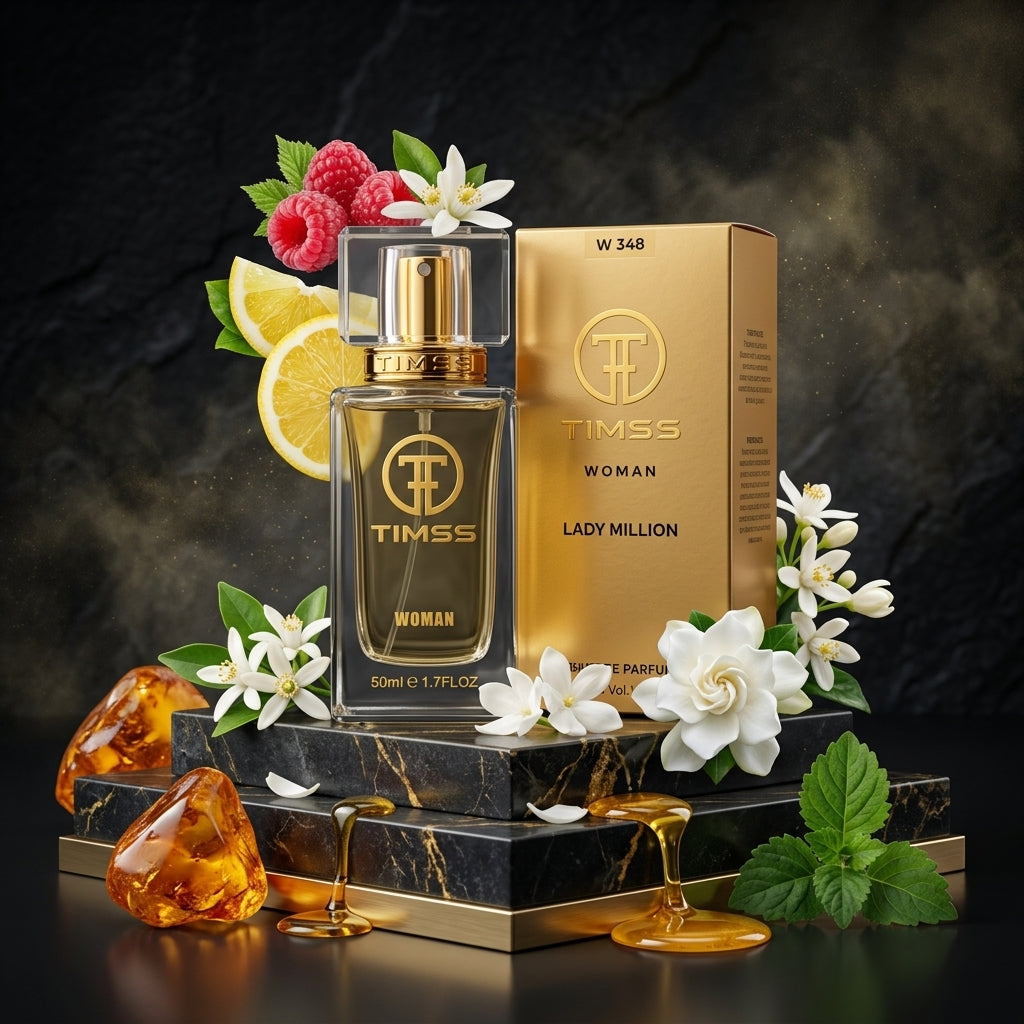 TIMSS W 348 LADY MILLION apă de parfum prezentat alături de zmeură proaspătă, flori albe de portocal și miere.