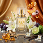 TIMSS W 352 THE ONE apă de parfum prezentat alături de felii de piersică, crin alb și păstăi de vanilie.