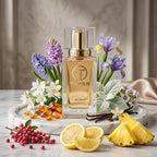 TIMSS W 355 SHAM apă de parfum prezentat alături de boabe de piper roz, flori de iasomie și frunze de patchouli.