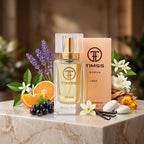 TIMSS W 363 LIBRA apă de parfum prezentat alături de flori de lavandă, flori de portocal și păstăi de vanilie.