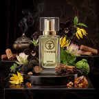 TIMSS W 364 BLACK ORKHIDA apă de parfum prezentat alături de trufe negre, orhidee și bucăți de ciocolată neagră.